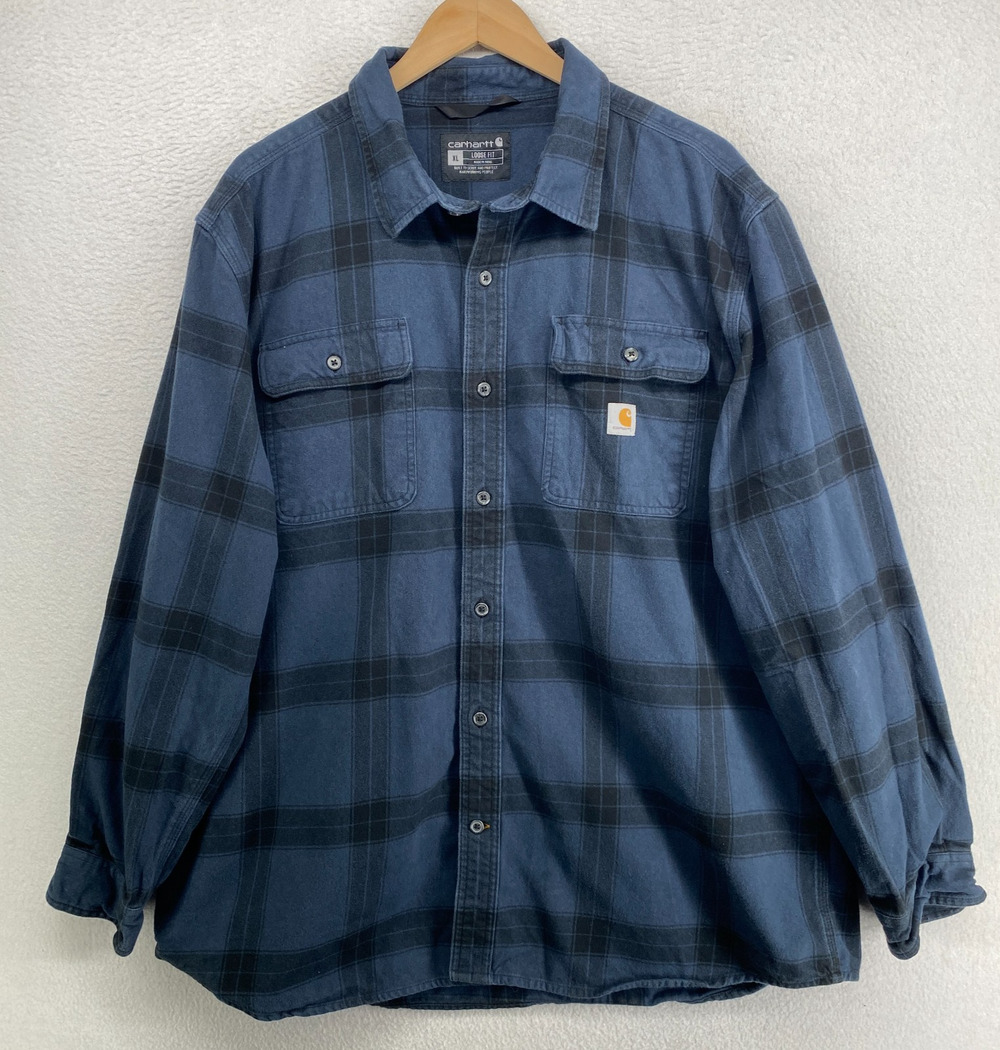 CARHARTT Shirt Men XL Loose Fit Heavyweight Flannel Plaid Utility Button Up Blue